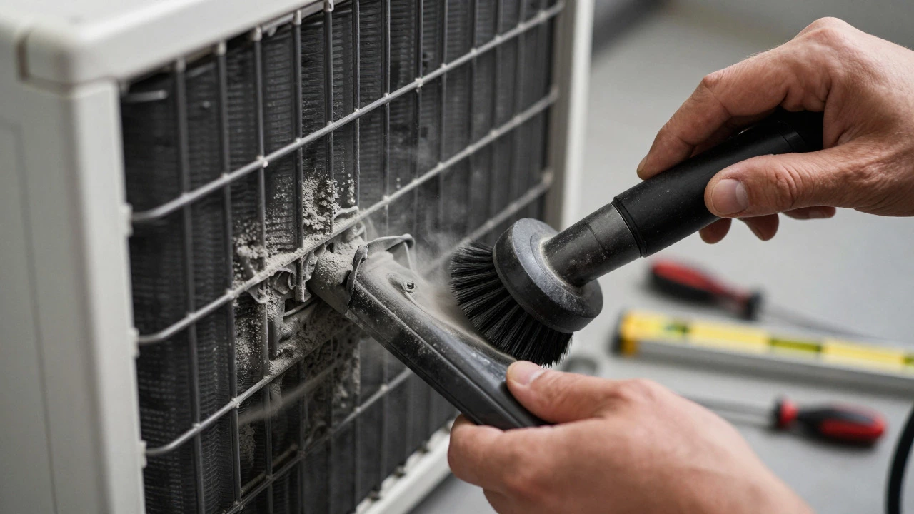 Technician cleaning dust from refrigerator condenser coils