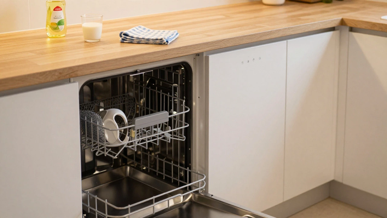 Clean empty dishwasher with vinegar and soap on the adjacent kitchen counter
