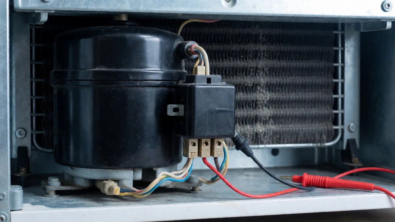 Close-up of fridge compressor and coils showing wear and dust