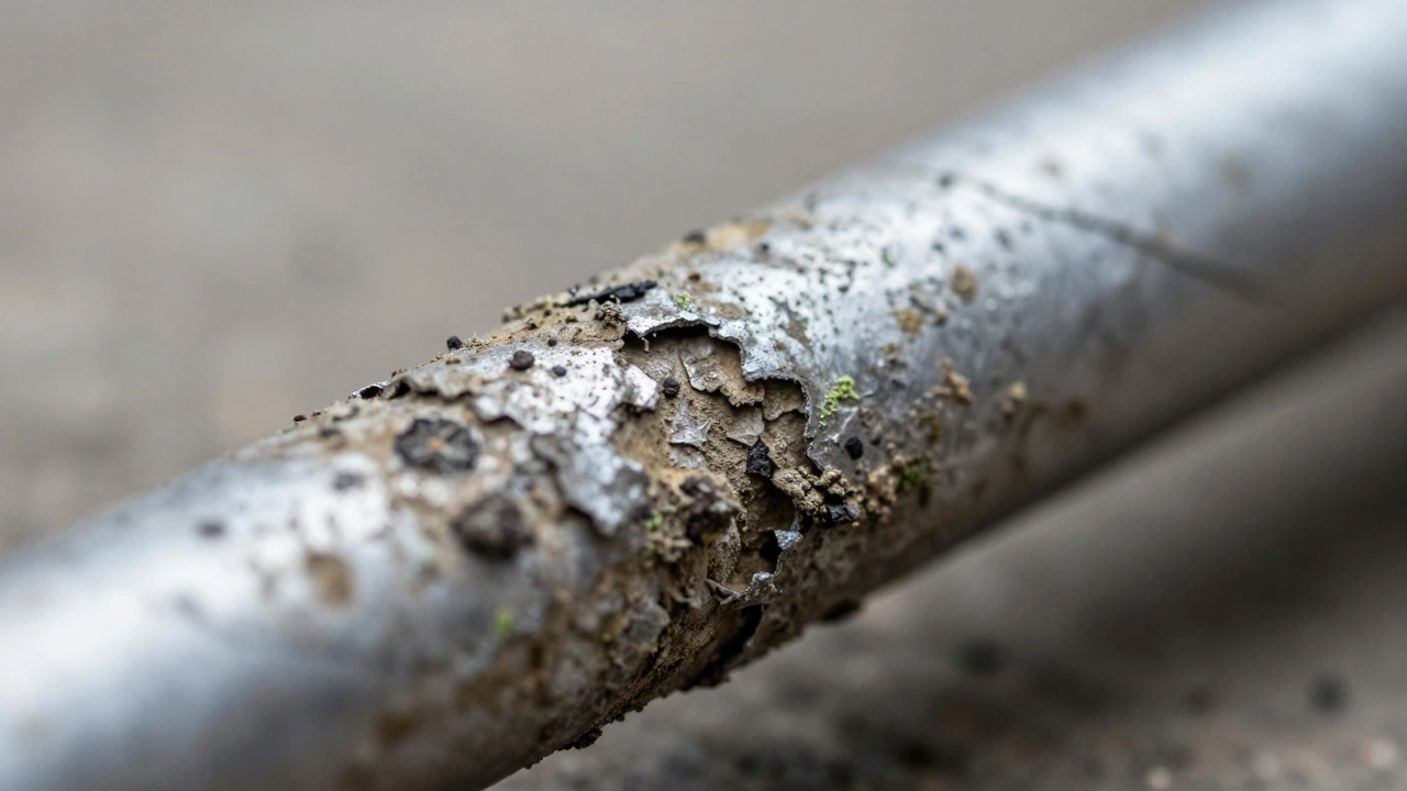 Corroded and eroded sacrificial anode rod showing heavy wear and bacterial growth.
