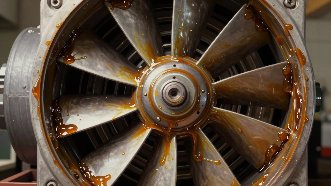 Cross-section illustration of a fan impeller clogged with heavy grease