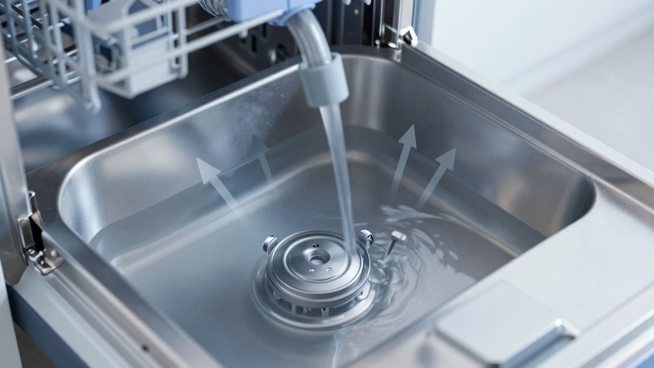 Cutaway view of dishwasher sump showing standing water and drainage path