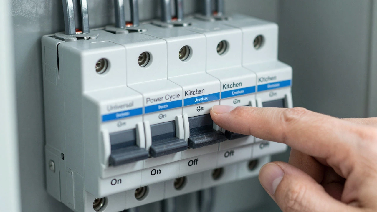 Hand switching off a kitchen circuit breaker in an electrical panel