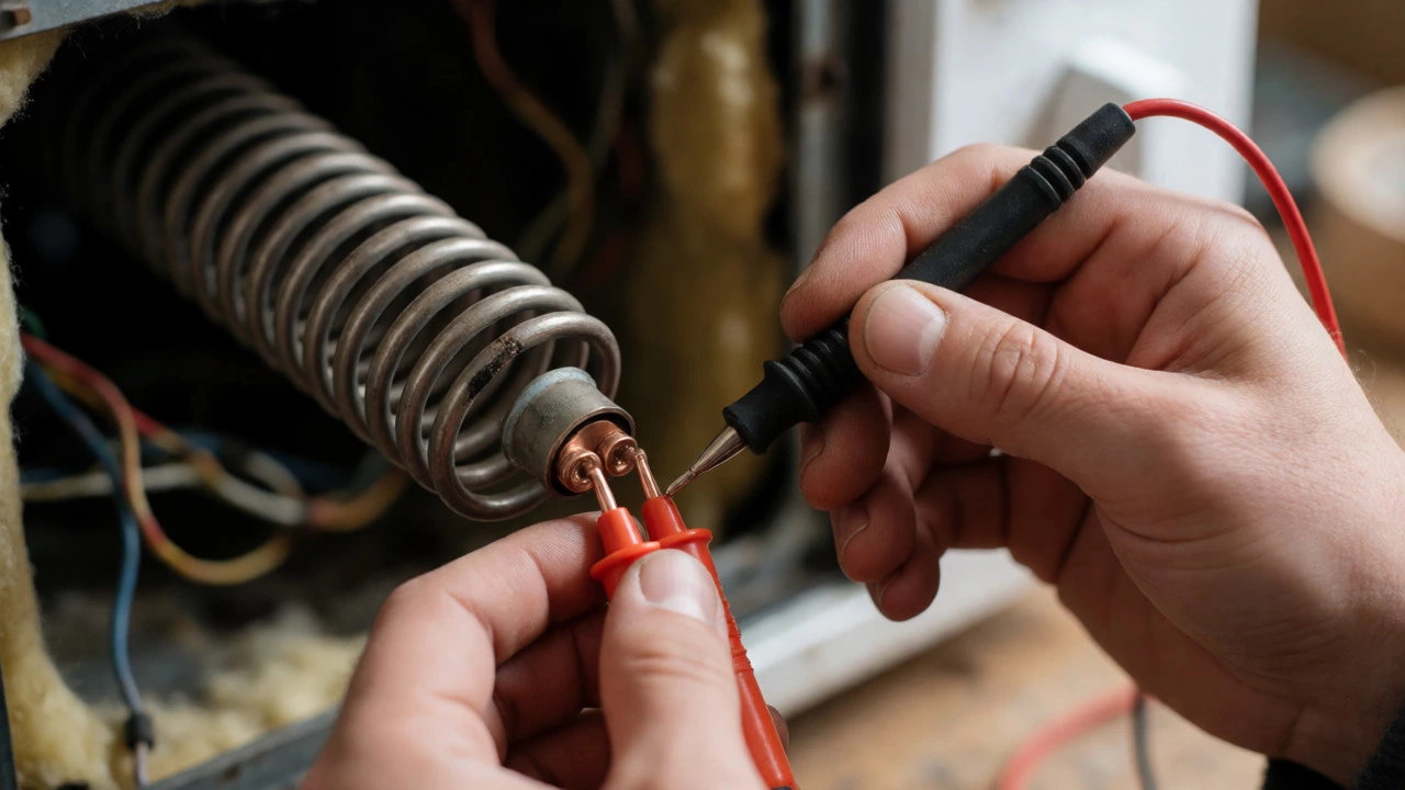 Hands testing a heating element with a multimeter probe
