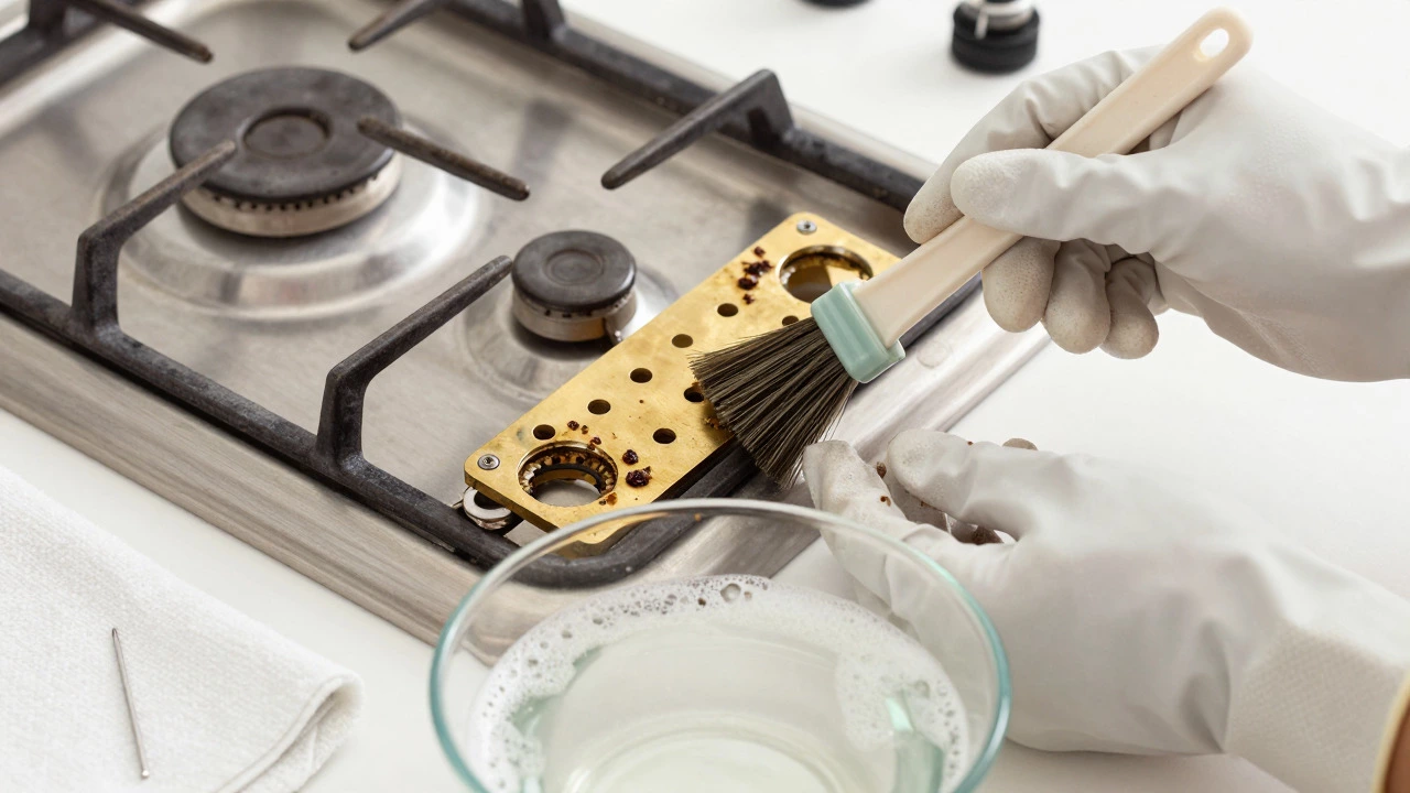 Hands using a brush to clean clogged jets on a disassembled gas burner assembly