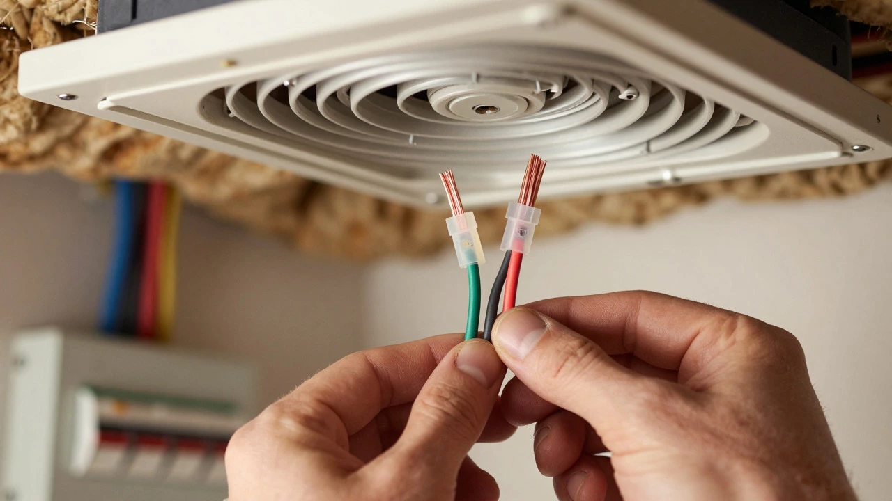 Hands wiring an extractor fan in ceiling cavity
