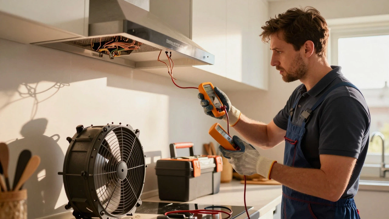 Homeowner using a multimeter to inspect an open extractor fan in a kitchen