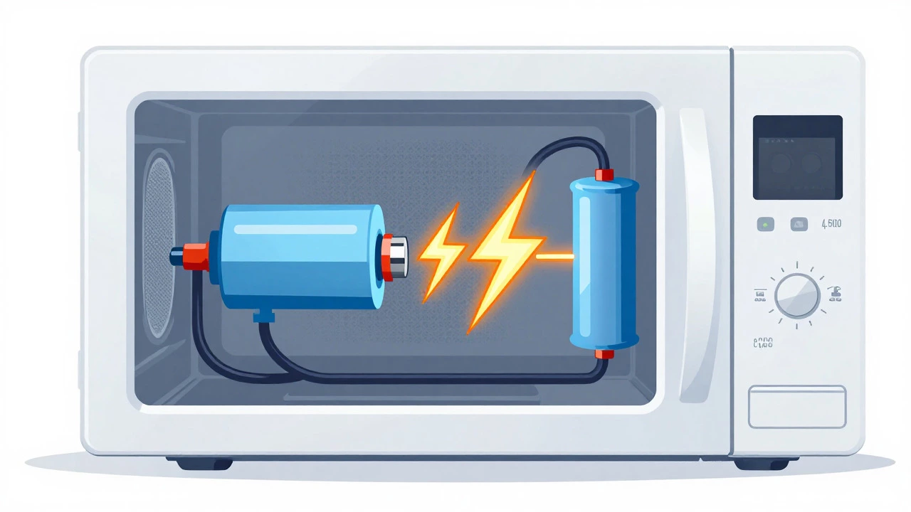 Illustration showing high voltage flow inside a microwave cross-section