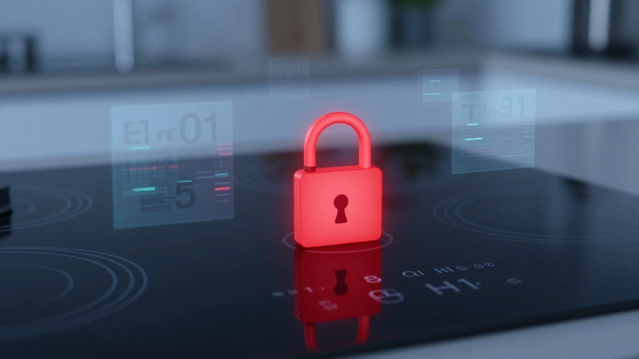 Induction hob showing a child lock icon and floating error code symbols