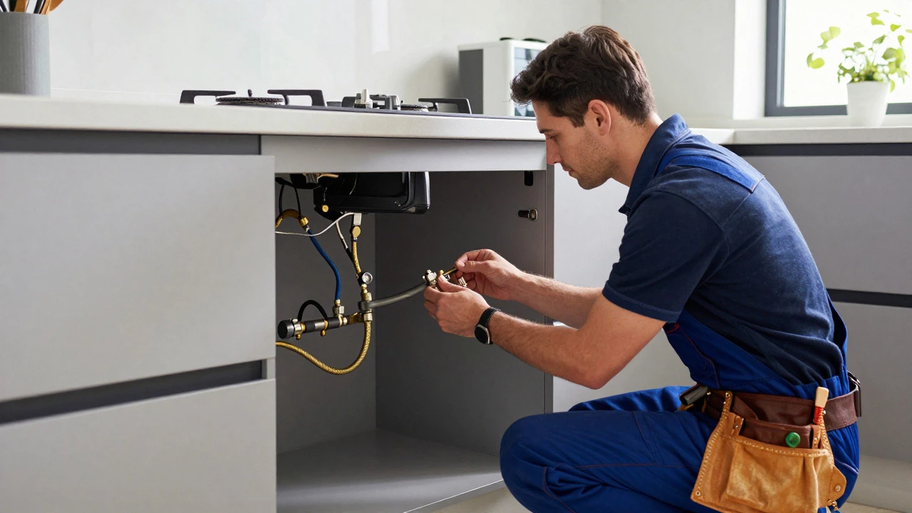 Professional technician inspecting gas cooktop valves in a UK kitchen