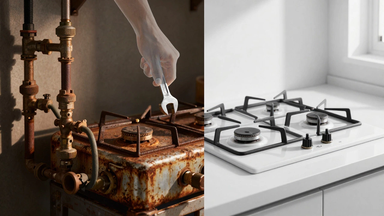 Split view comparing a rusty old gas hob with a new efficient model