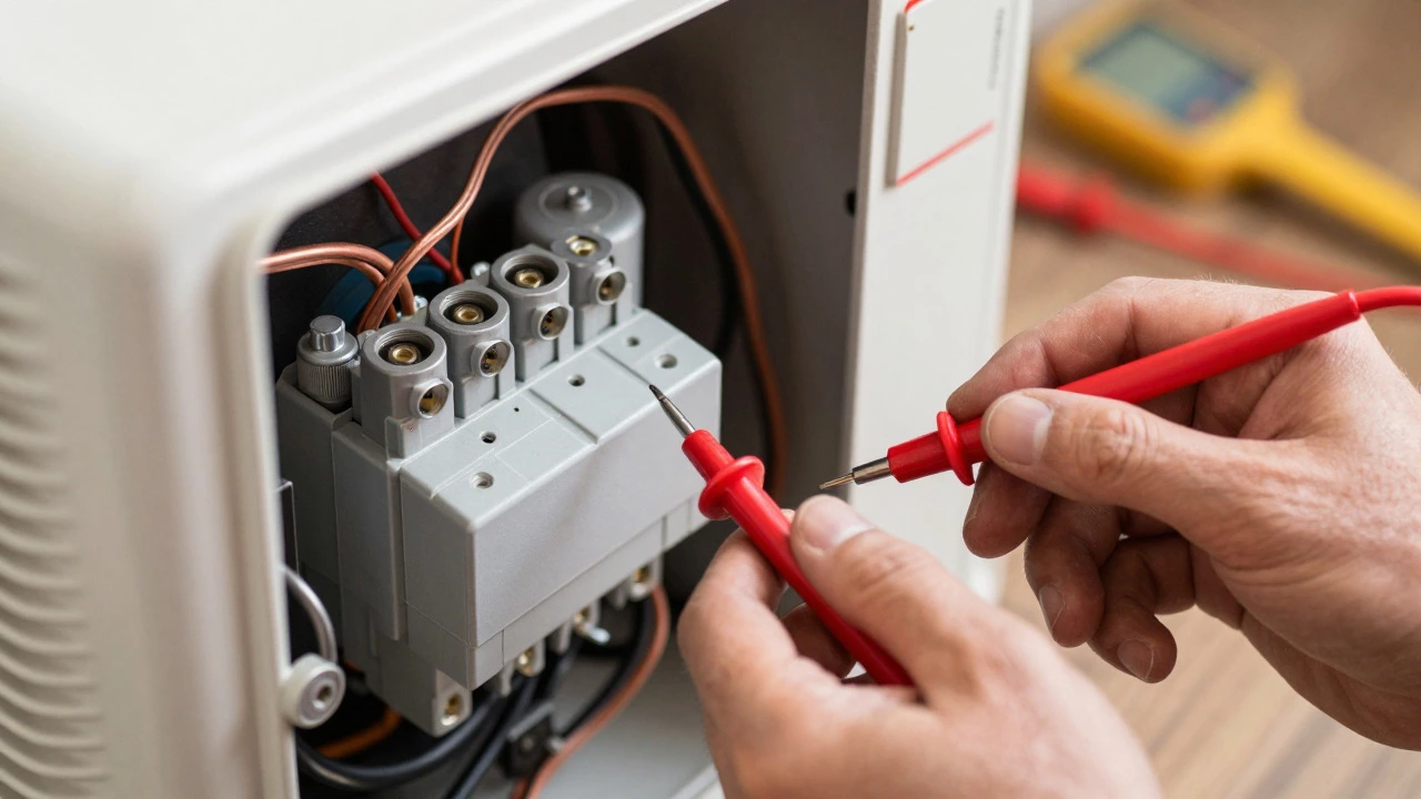 Technician testing electrical components inside heat pump