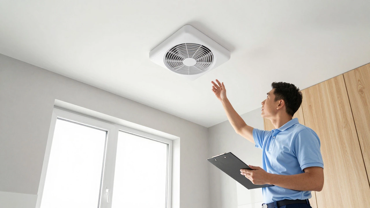 Ventilation specialist inspecting a newly installed bathroom extractor fan