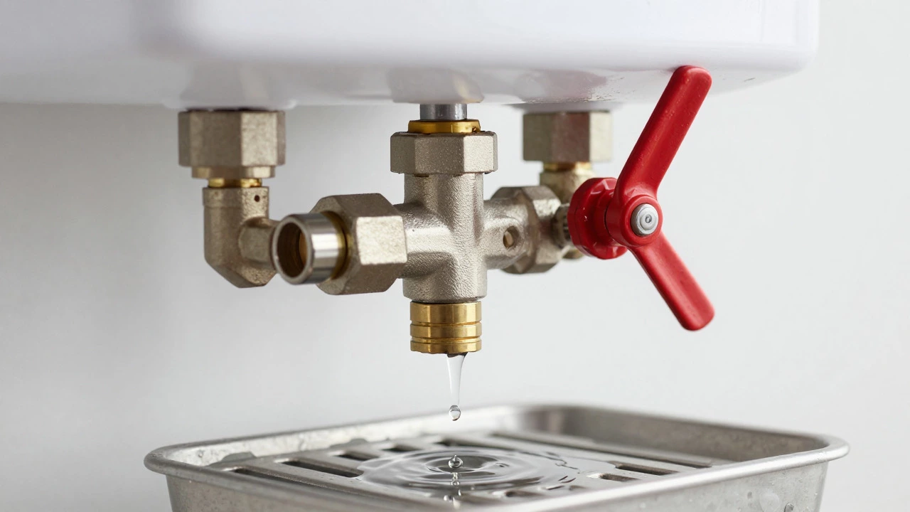 Water dripping from a T&amp;P relief valve indicating pressure or safety issues.