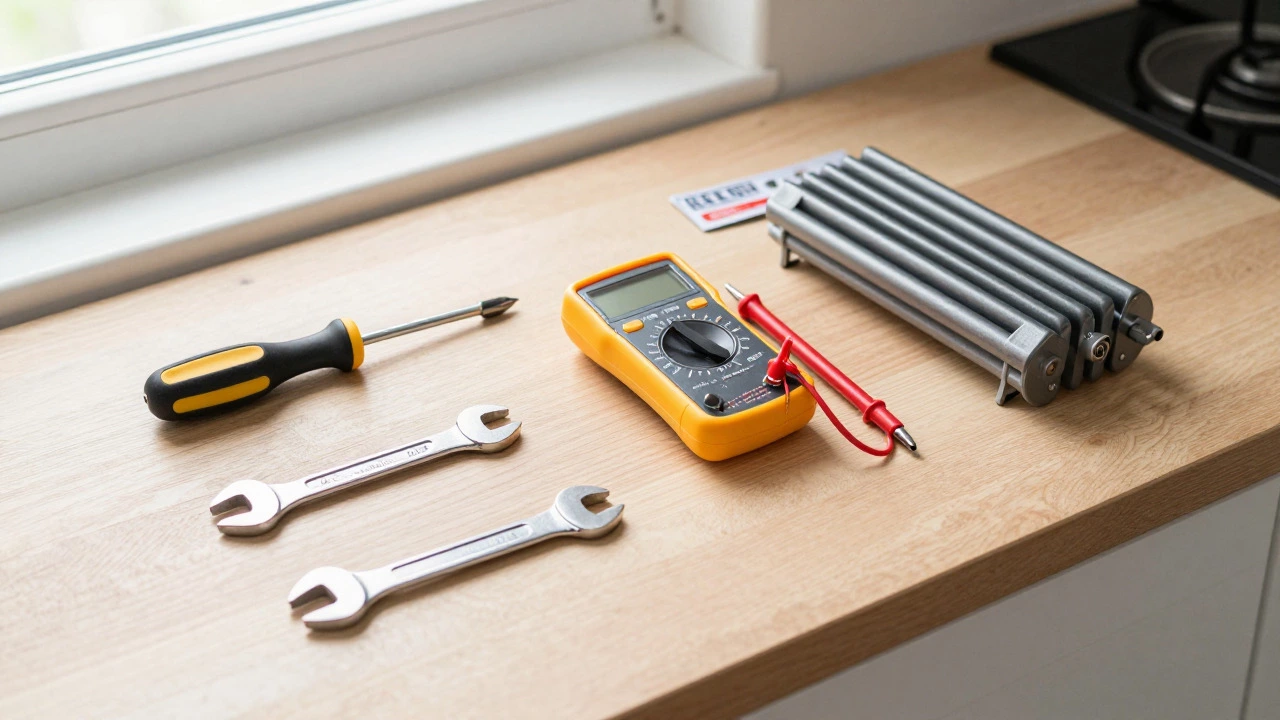 Workbench with screwdrivers, multimeter, and new oven part ready for repair