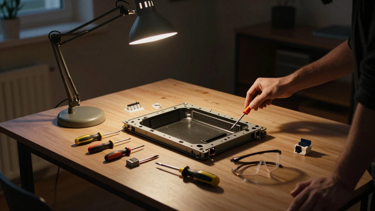 Workshop table with tools and disassembled microwave parts under warm light