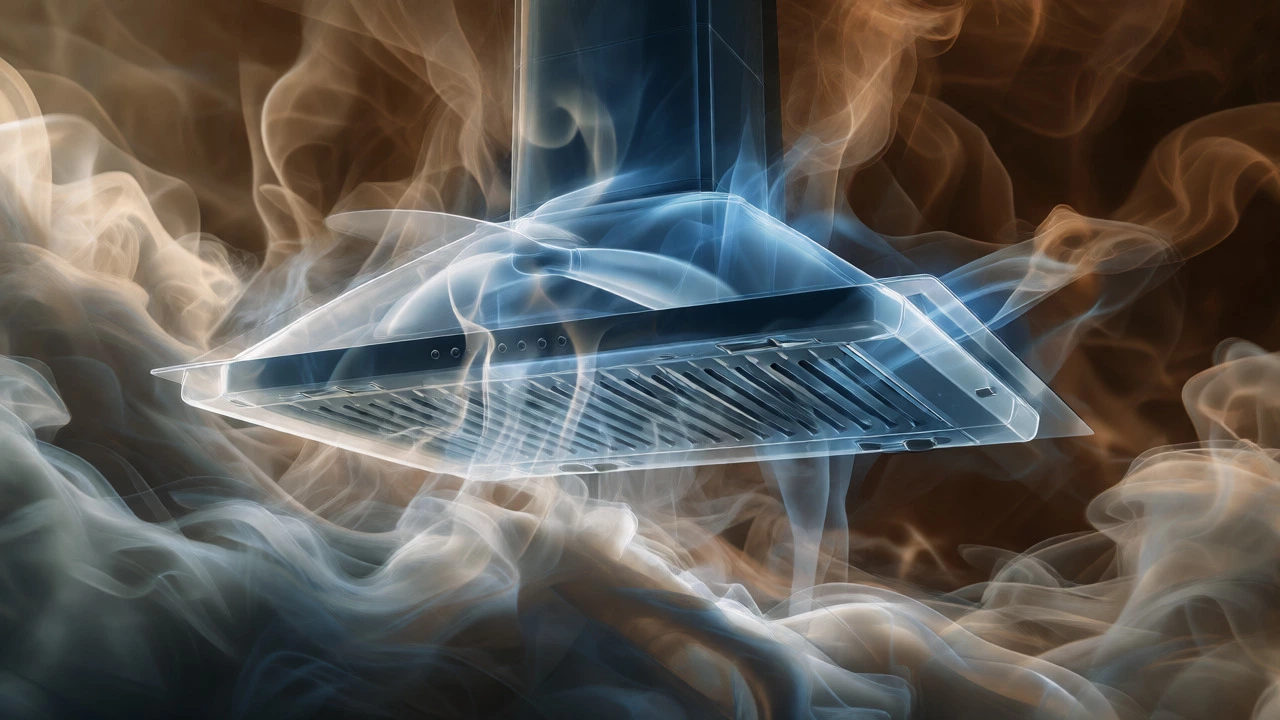 Artistic visualization of smoke trapped around a struggling extractor fan due to blockages.