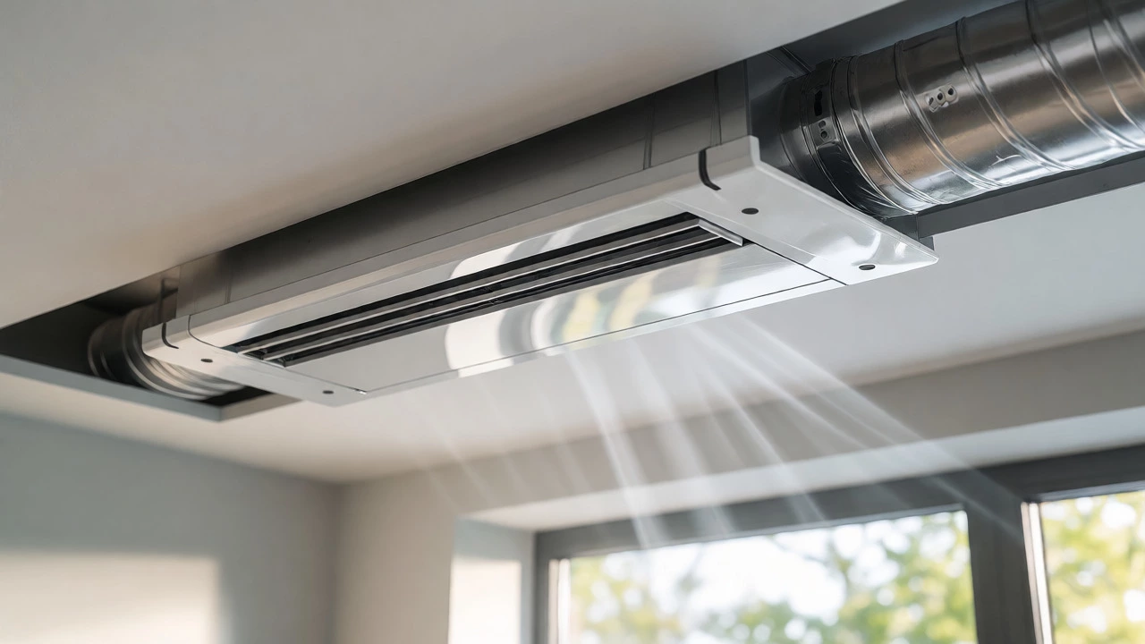 Clean, modern inline extractor fan installed in a ceiling void with clear ducting.