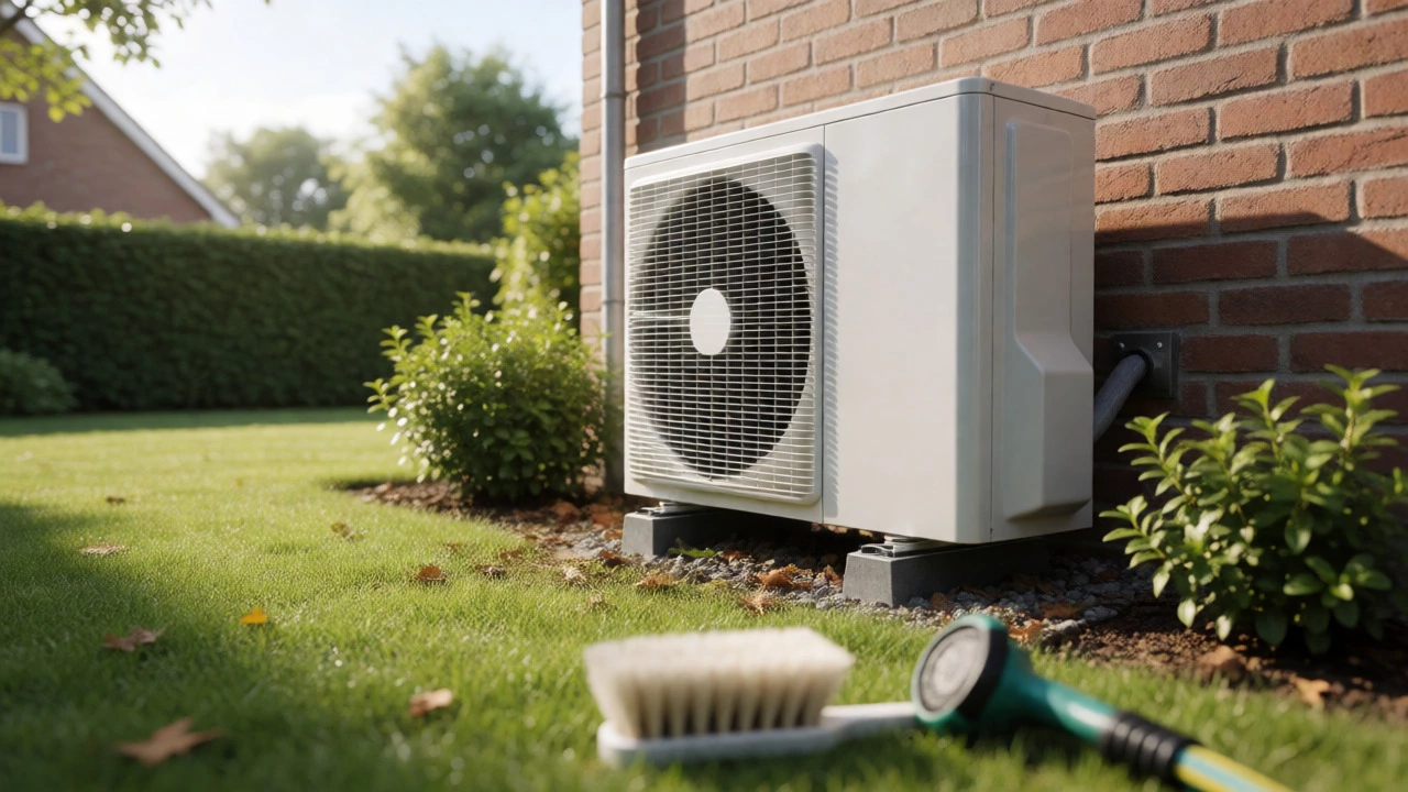 Clean outdoor heat pump unit with clear surrounding area.