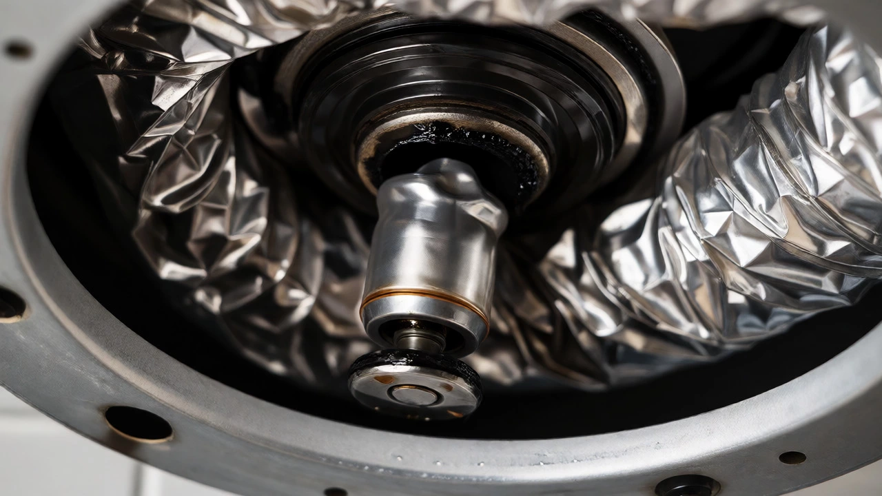 Close-up of a faulty capacitor and grease-covered ducts inside an extractor fan housing.