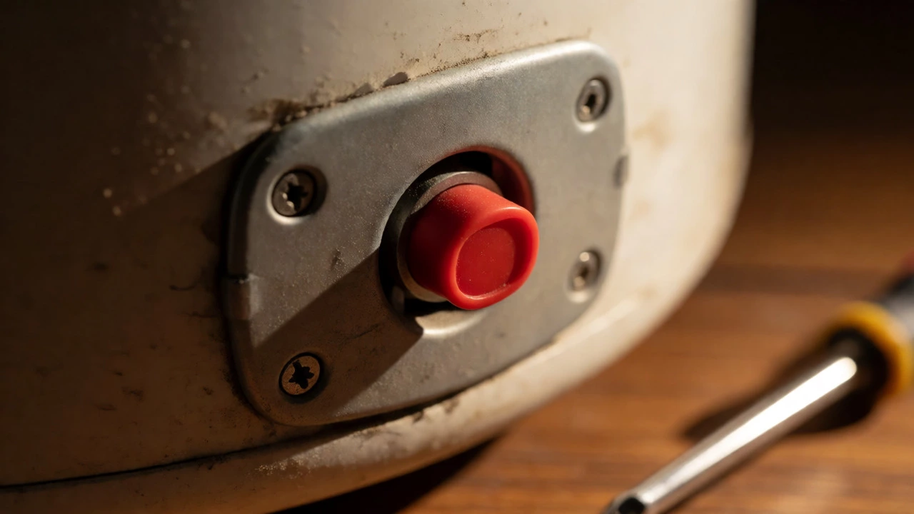 Close-up of a popped red safety reset button on a water heater