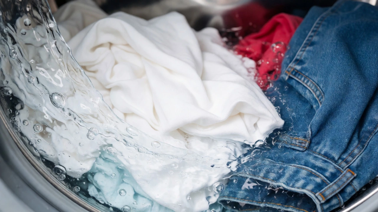 Close-up of clothes being washed in clear cold water with dissolving detergent bubbles.