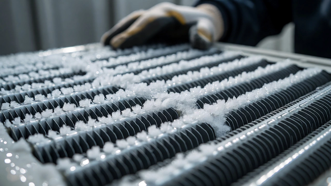 Close-up of ice buildup blocking airflow on a heat pump outdoor coil