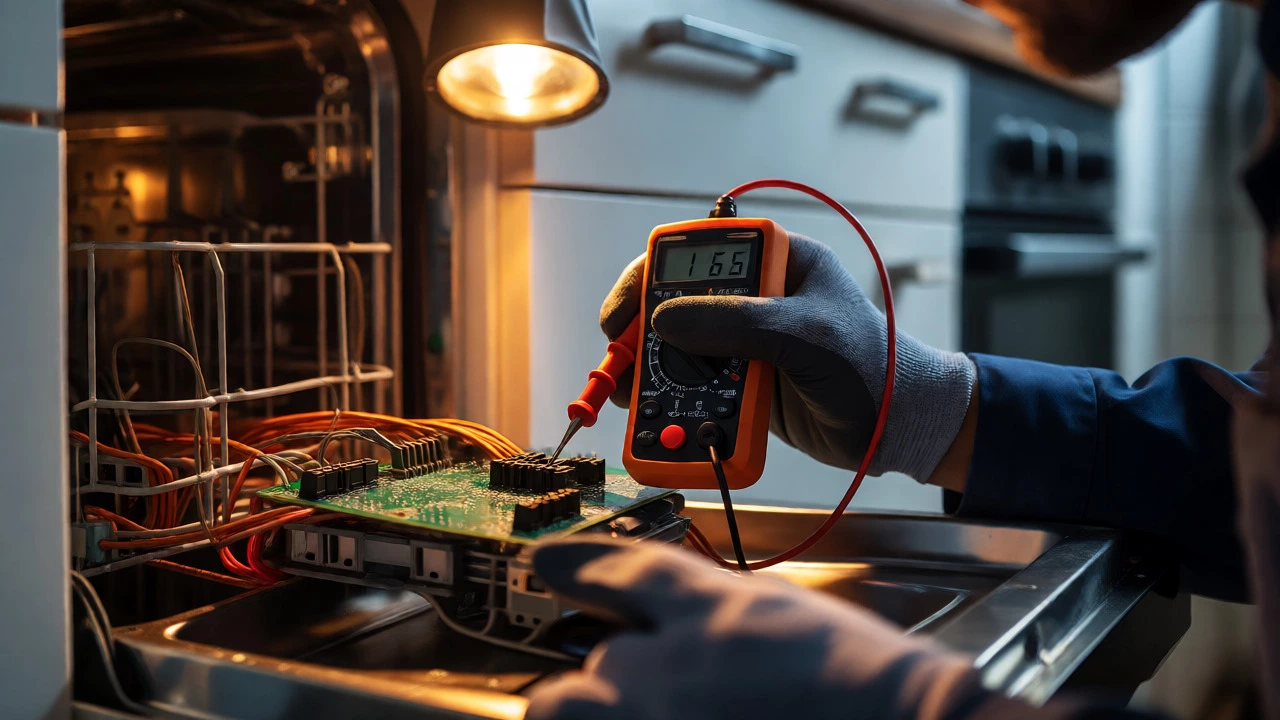 Close-up of multimeter testing dishwasher circuit board components