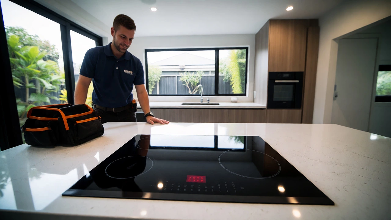 Completed modern kitchen with newly installed induction hob and electrician