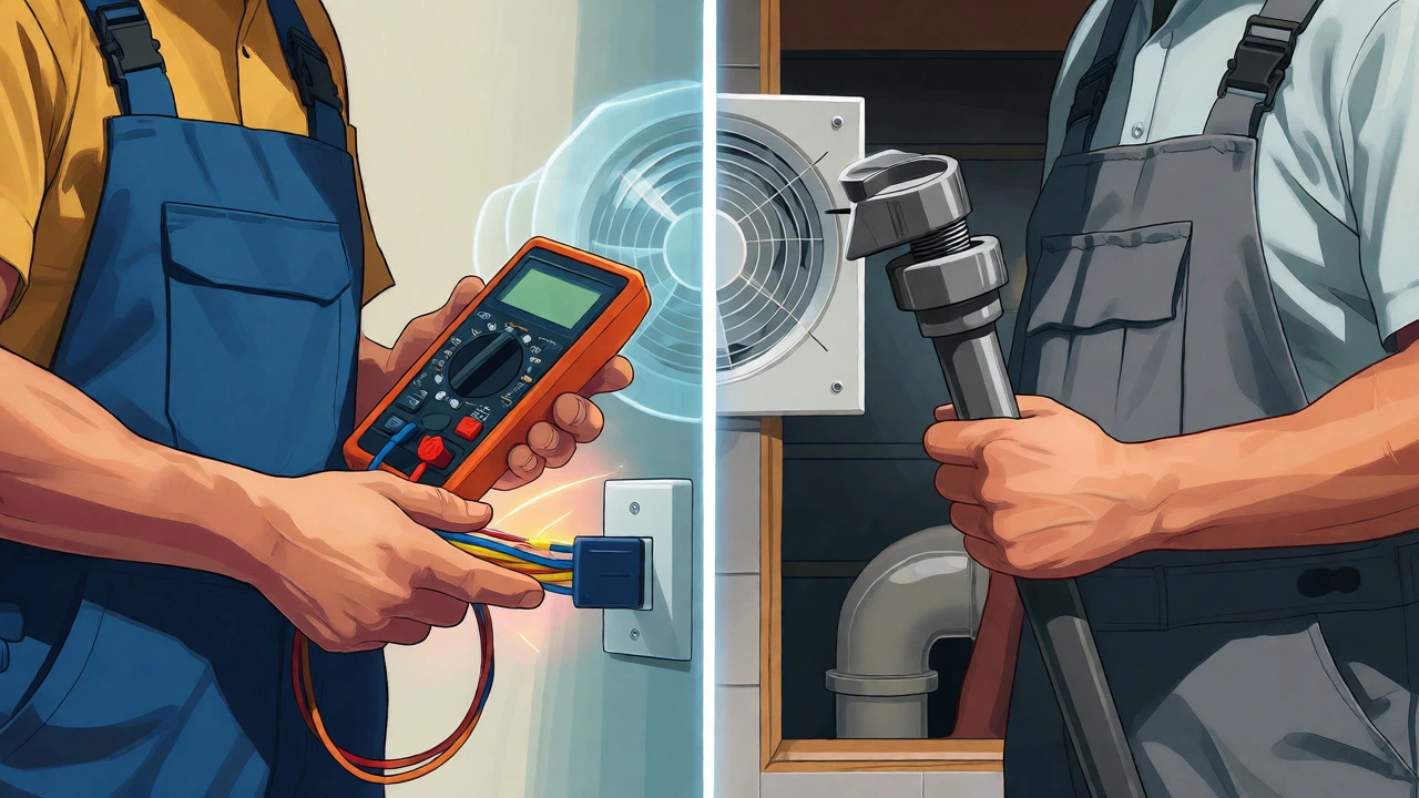 Electrician and plumber working separately on ventilation systems