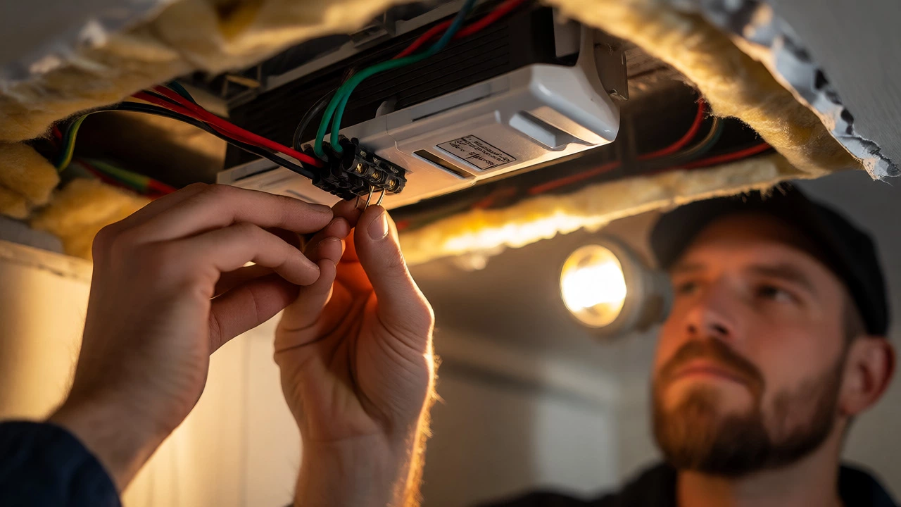 Electrician wiring an inline extractor fan inside a ceiling cavity