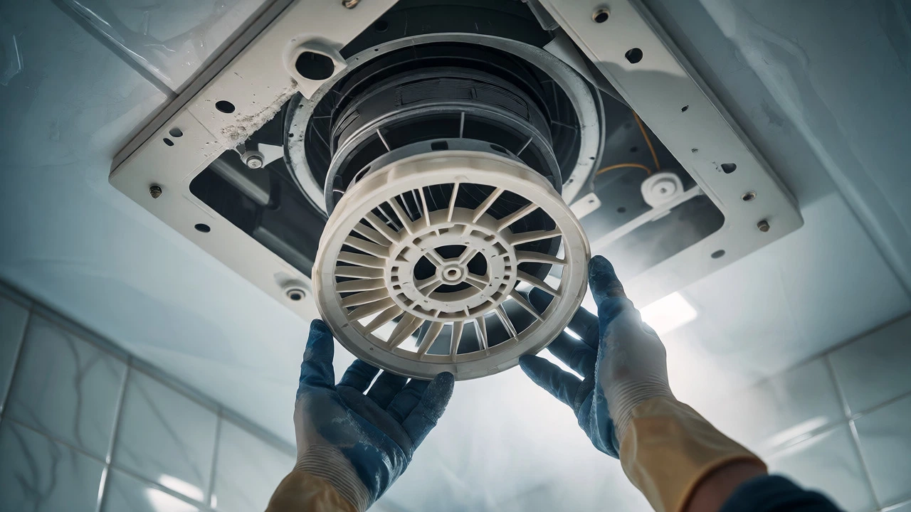 Hands removing a bathroom extractor fan impeller during DIY maintenance.