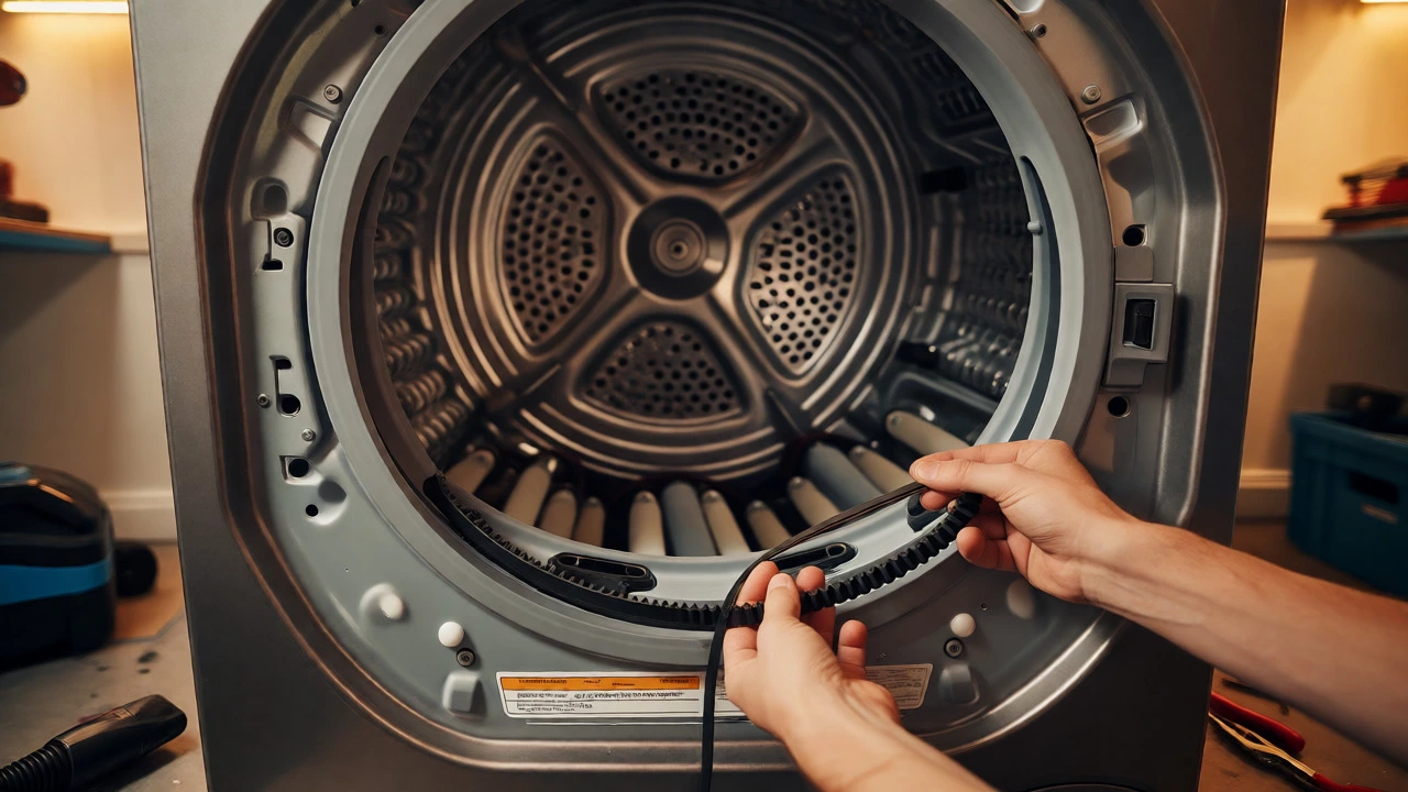 Installing a new drive belt onto a disassembled dryer drum.