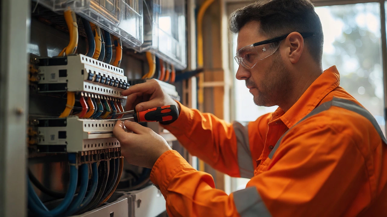 Licensed electrician tightening wires at a residential switchboard panel