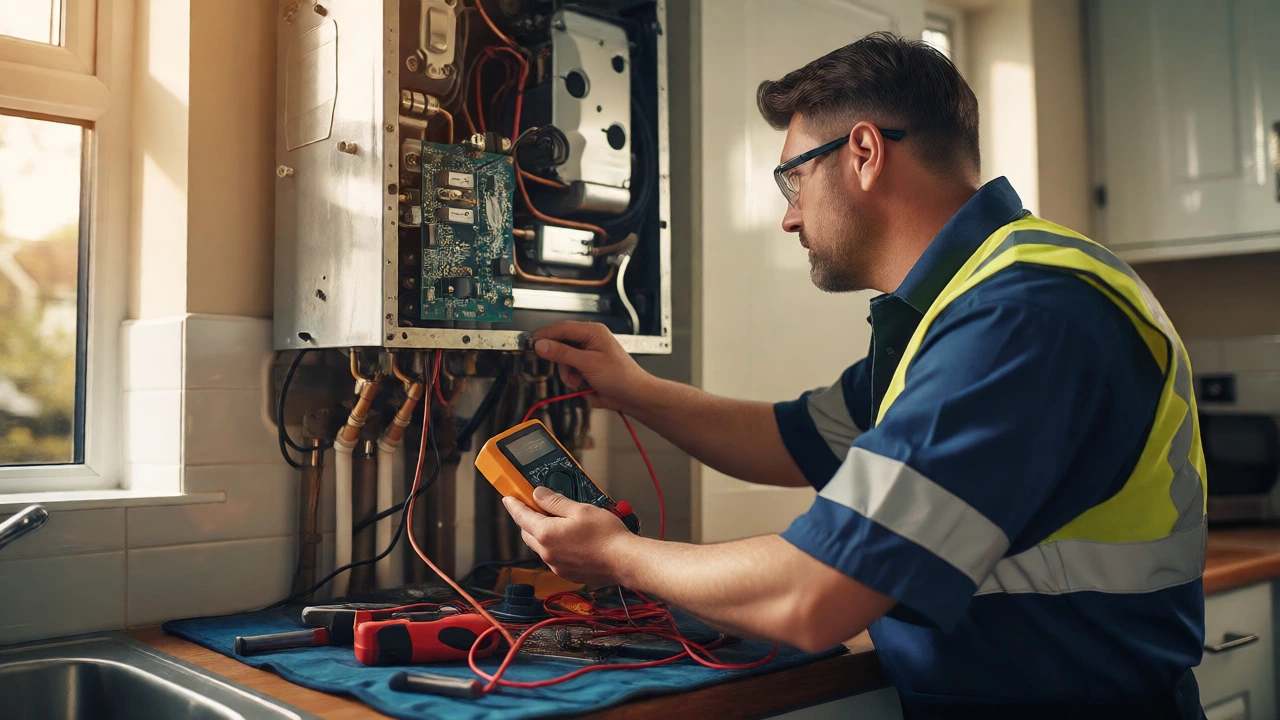 Licensed technician diagnosing a boiler PCB with tools.
