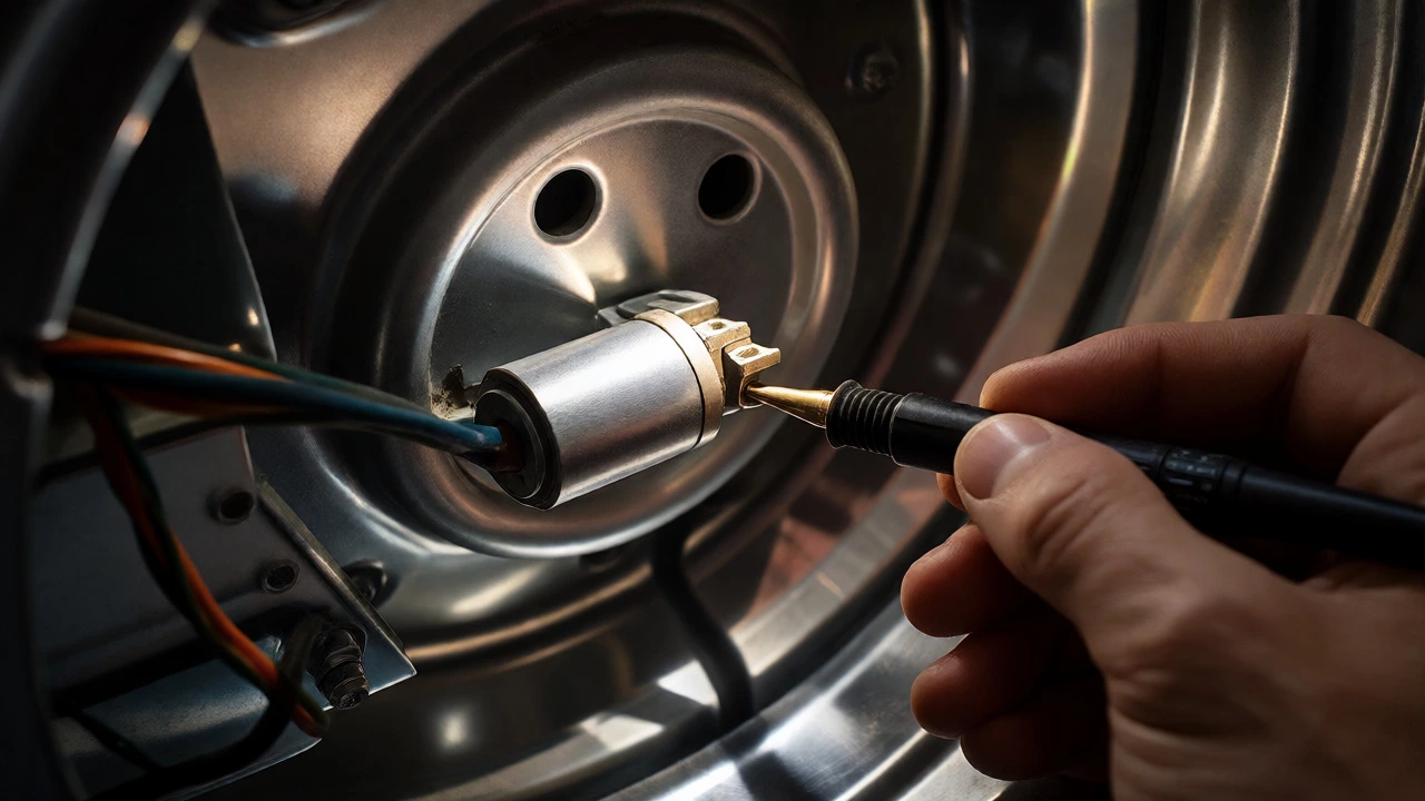 Multimeter probes testing a thermal fuse inside a dryer mechanism.