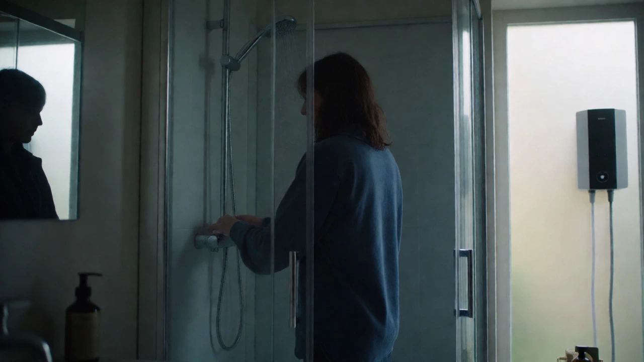 Person standing under a shower with weak lukewarm water flow