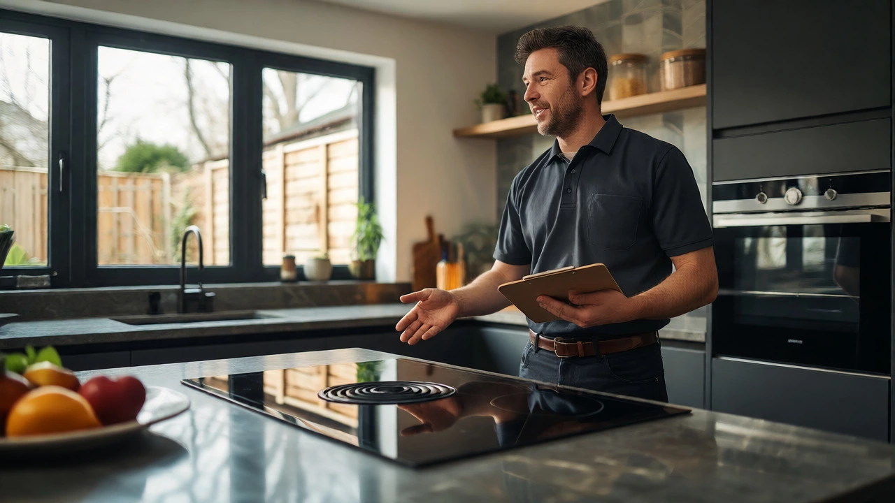 Specialist explaining new induction cooktop installation to homeowner