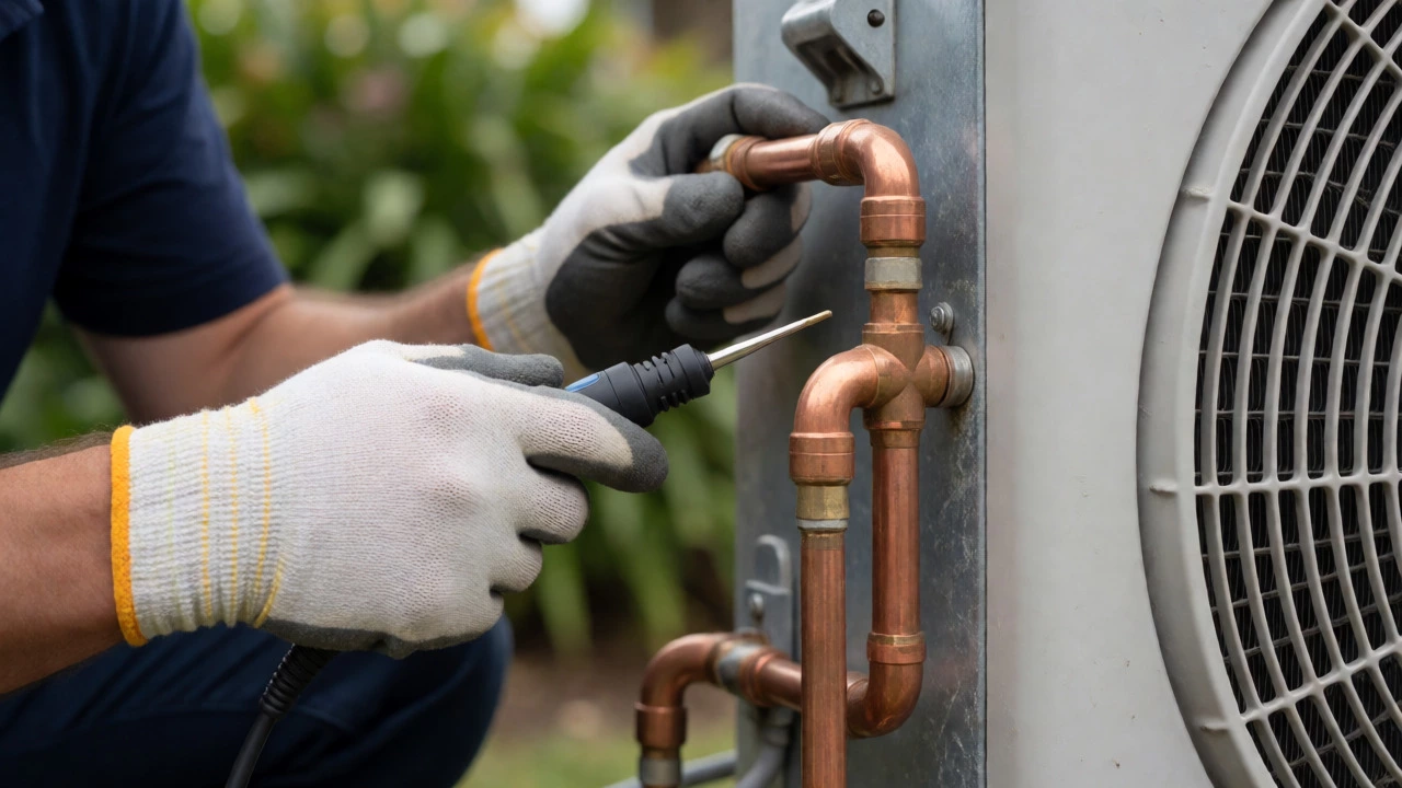 Technician using a leak detector on heat pump refrigerant lines.