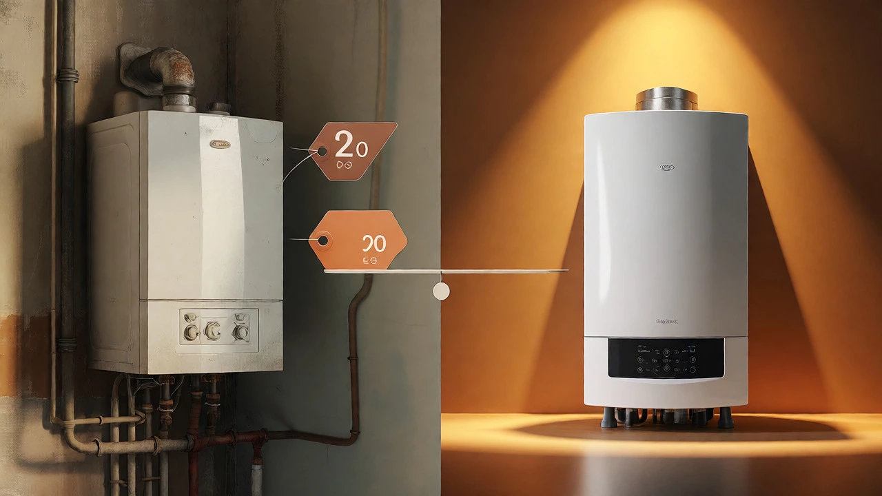 Visual comparison between an old boiler and a new efficient model.