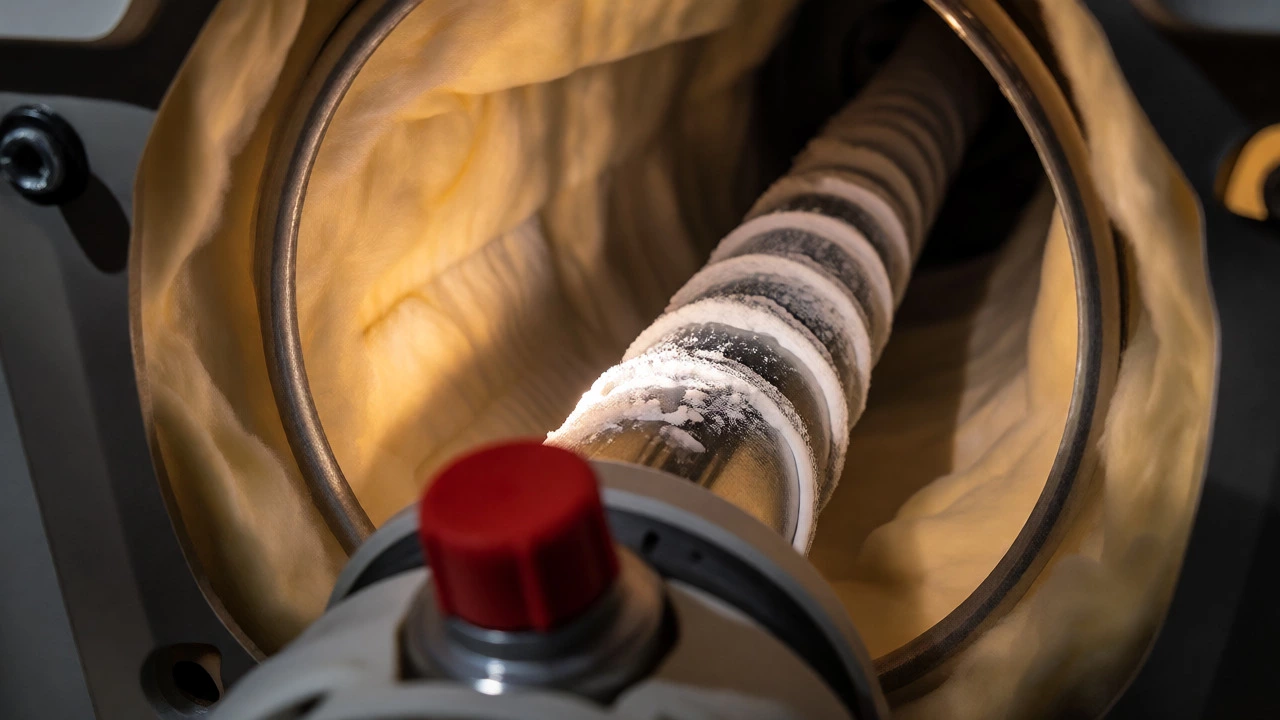 Close-up of a water heater heating element with sediment buildup and reset button.