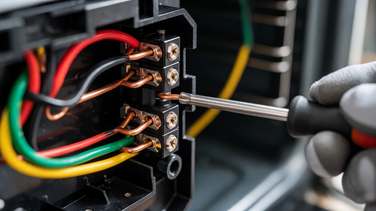 Close-up of connecting power wires to an oven terminal block