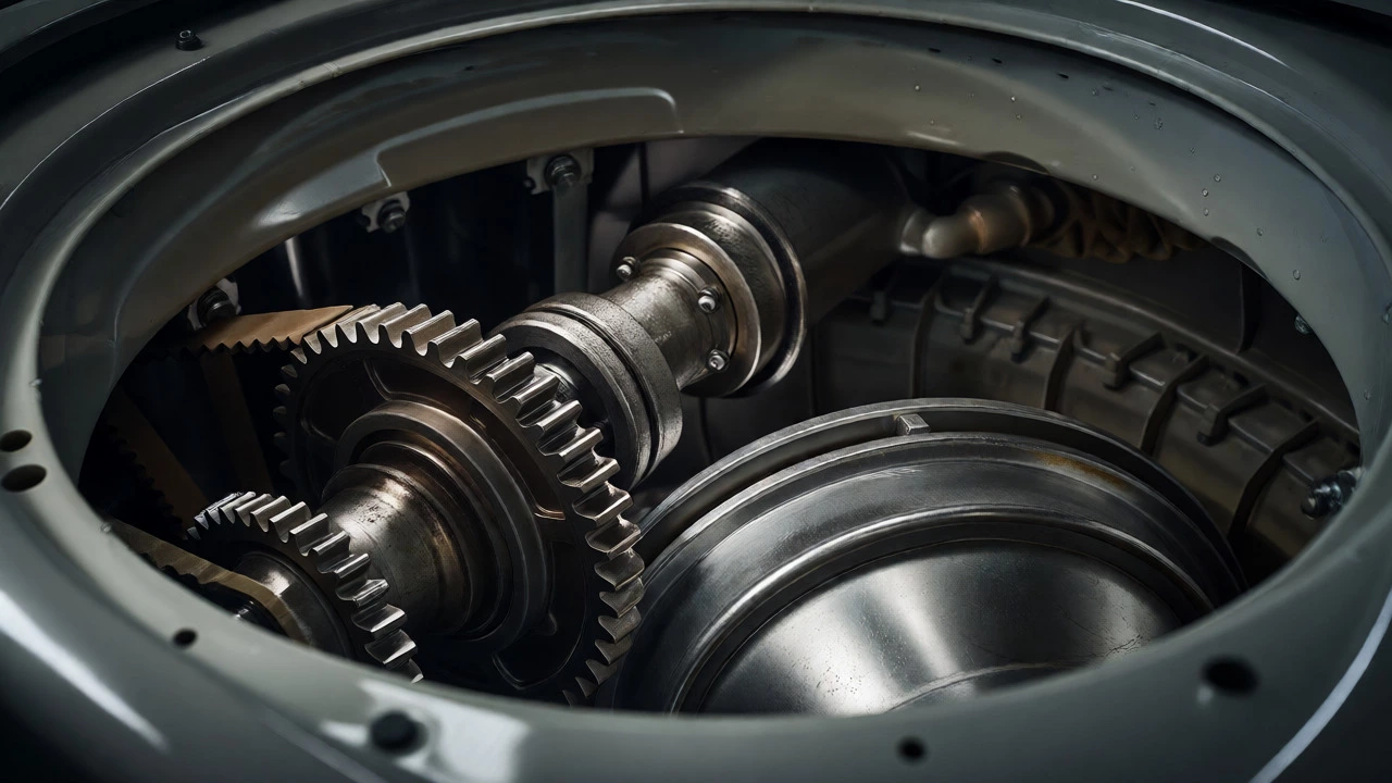 Close-up of heavy-duty metal gears and mechanical parts inside a durable washing machine.