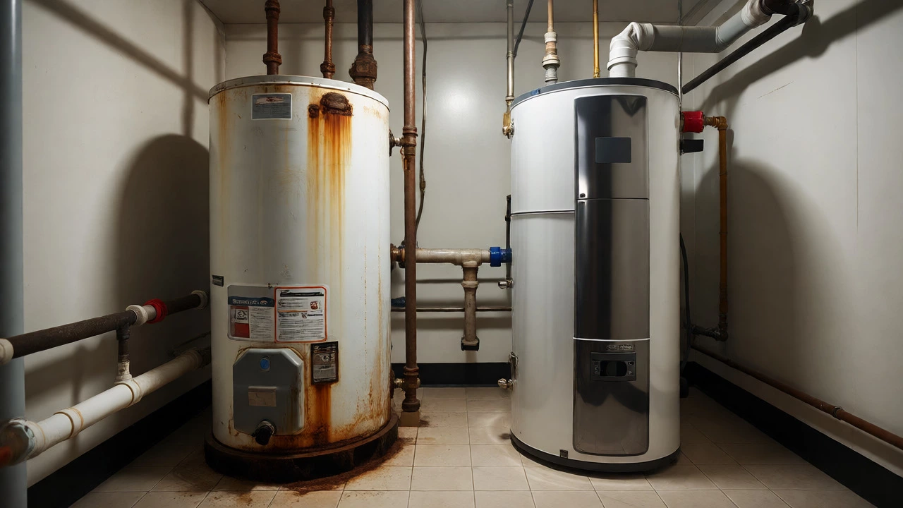 Comparison of old rusty and new modern water heaters