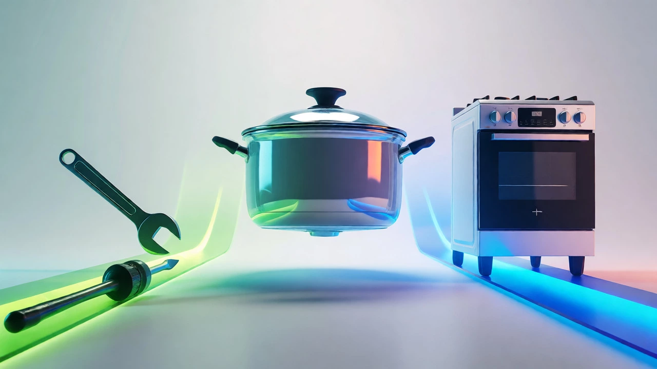 Conceptual art showing a choice between repairing tools and a new stove