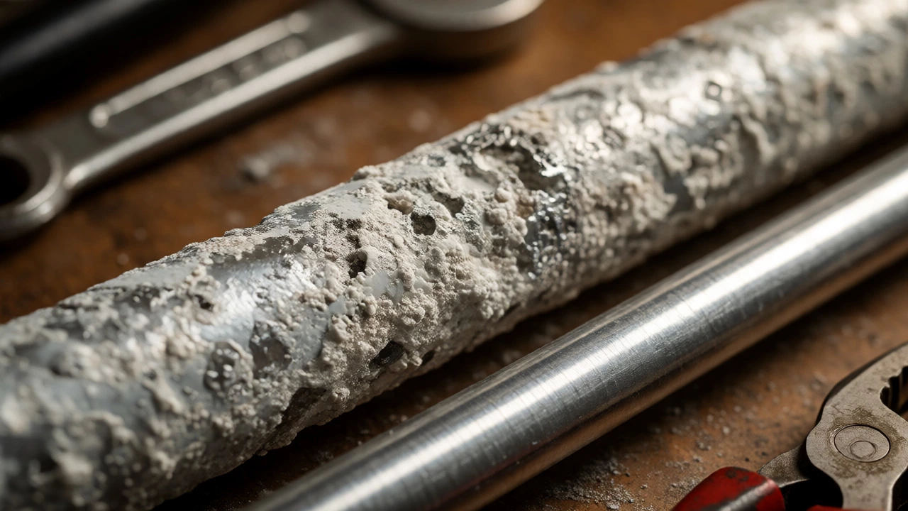 Corroded anode rod compared to a new replacement part