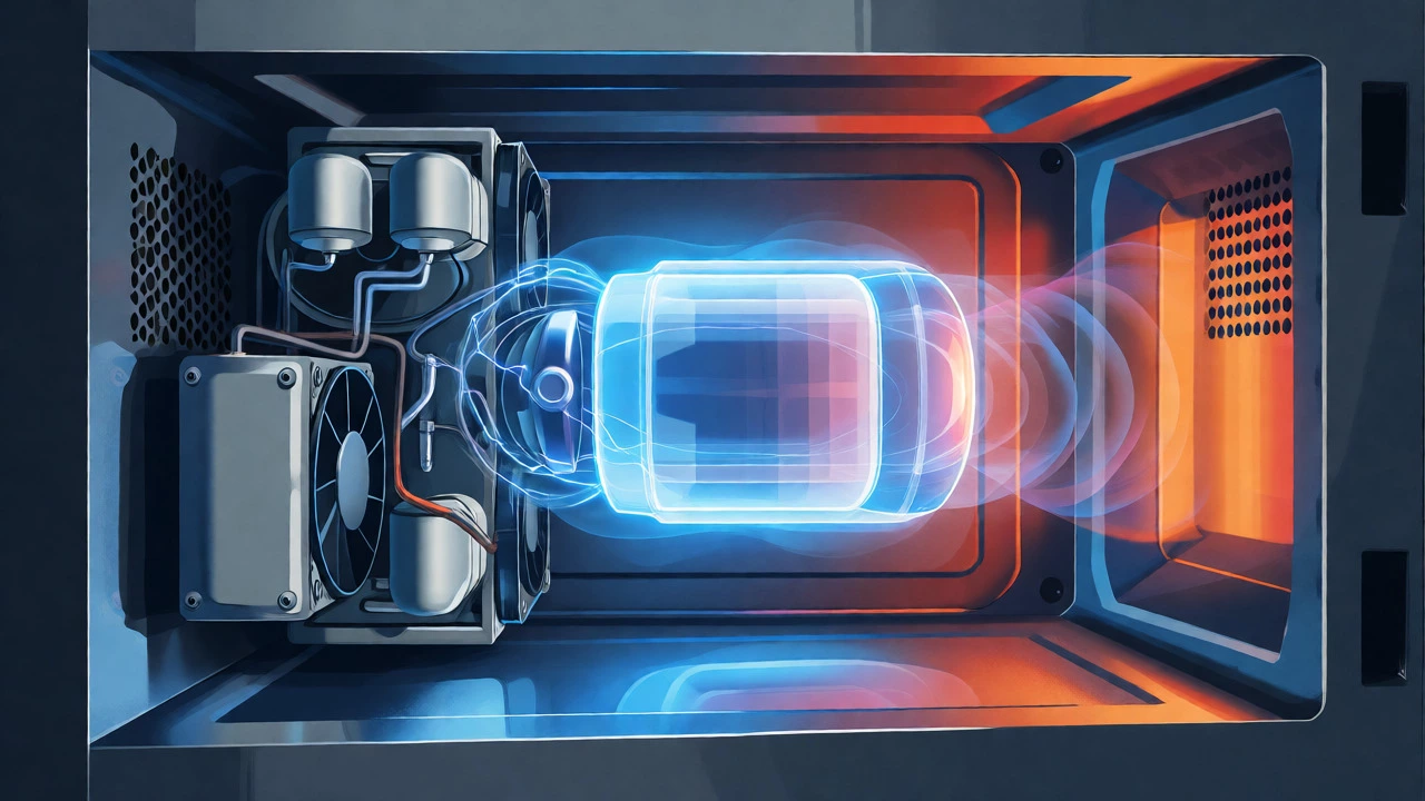 Cutaway view of microwave internals showing magnetron and cooling fans