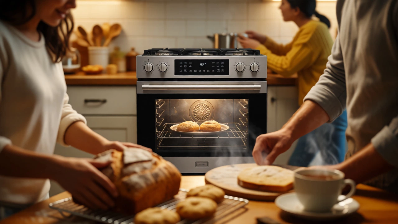 Family baking scene with a new efficient oven in the background