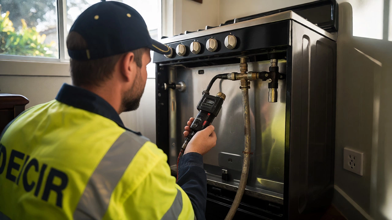 Gasfitter inspecting gas connections behind a freestanding oven