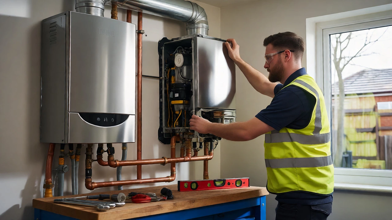 Gasfitter installing a modern condensing boiler with clean pipework
